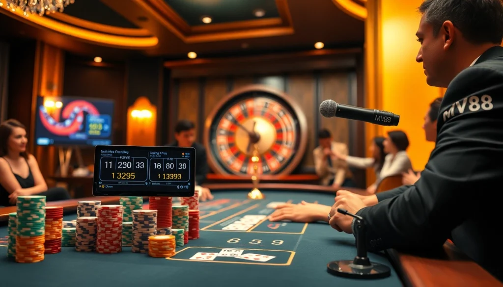 Engage with thrilling casino gameplay at MV88, showcasing vibrant poker chips and an exciting roulette wheel.