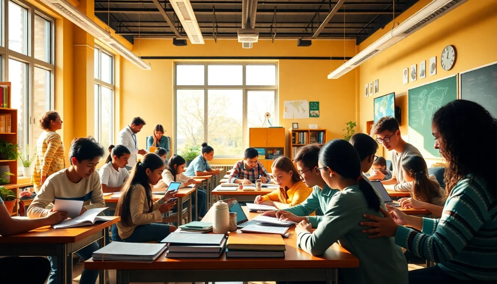 Education scene with diverse students collaborating in a dynamic classroom setting.