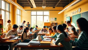 Education scene with diverse students collaborating in a dynamic classroom setting.