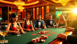 Experience high-stakes poker action at DH88 casino table with glistening chips and professional dealers.