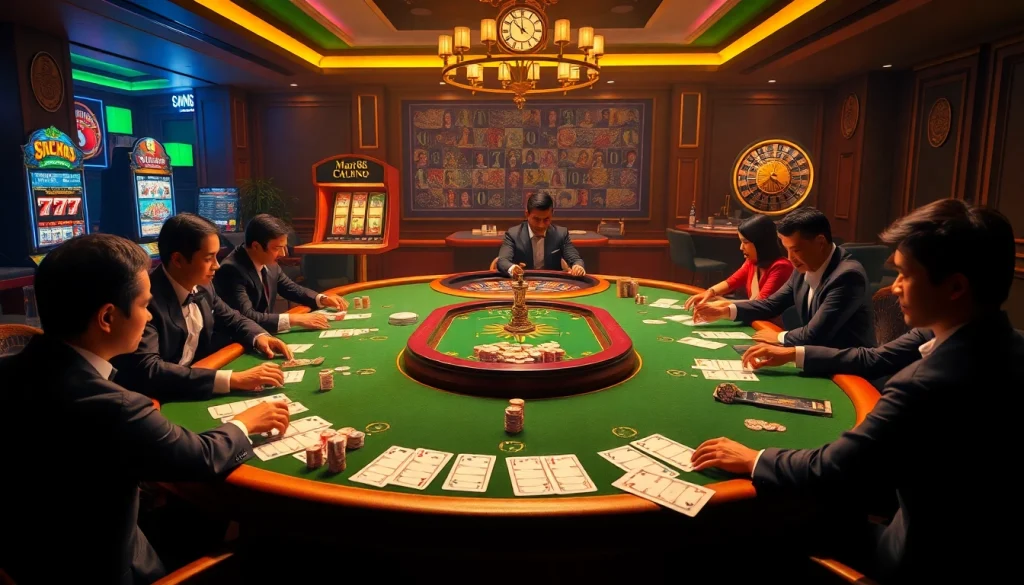 Engaging players enjoy Man88-themed online gaming with vibrant colors and dynamic casino elements.