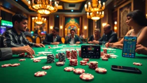 Mậu binh 6FF strategy session with excited players at a luxurious casino table.