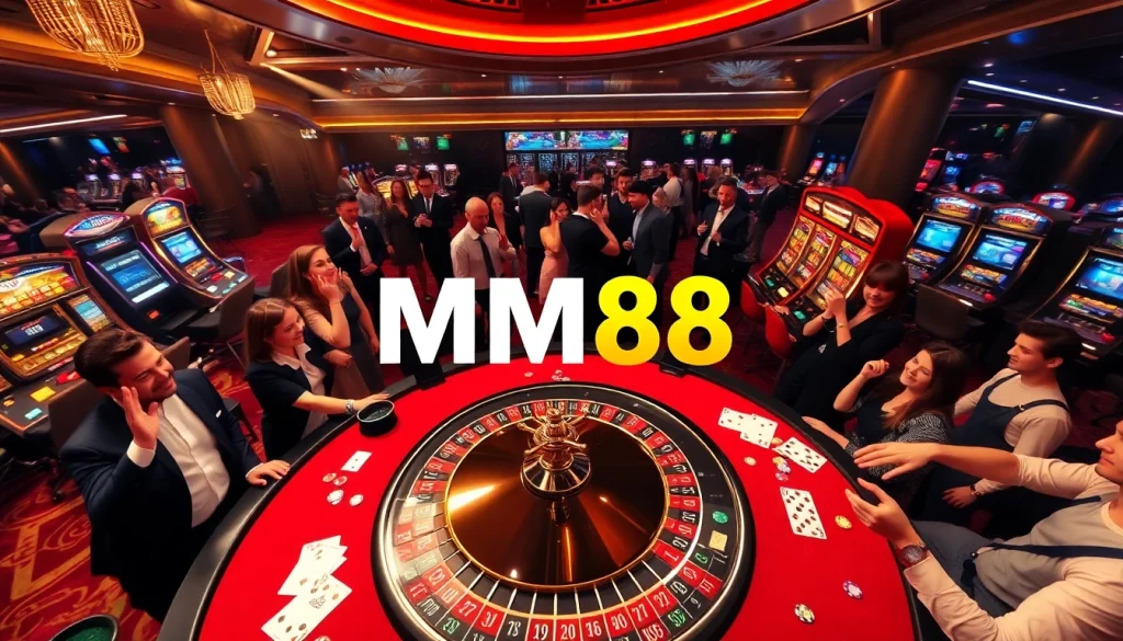 Experience high-stakes excitement at MM88 with a vibrant casino scene featuring roulette tables and eager players.