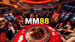 Experience high-stakes excitement at MM88 with a vibrant casino scene featuring roulette tables and eager players.