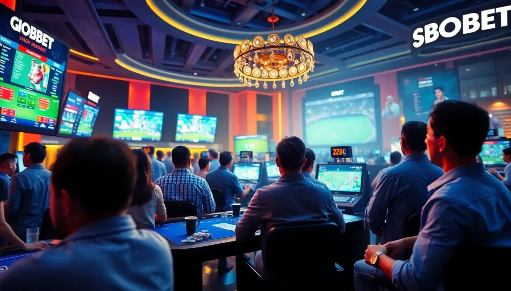 An engaging online betting scene at sbobet.dance, featuring diverse players enjoying sports betting and casino games with vibrant colors.