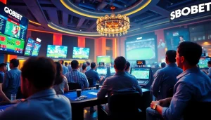 An engaging online betting scene at sbobet.dance, featuring diverse players enjoying sports betting and casino games with vibrant colors.