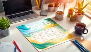 2026 calendar displayed on a stylish desk with natural light, symbolizing organization and planning.