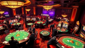 Cảnh casino LUCK8 có những người chơi nhiệt huyết tại bàn chơi sang trọng và bánh xe roulette.