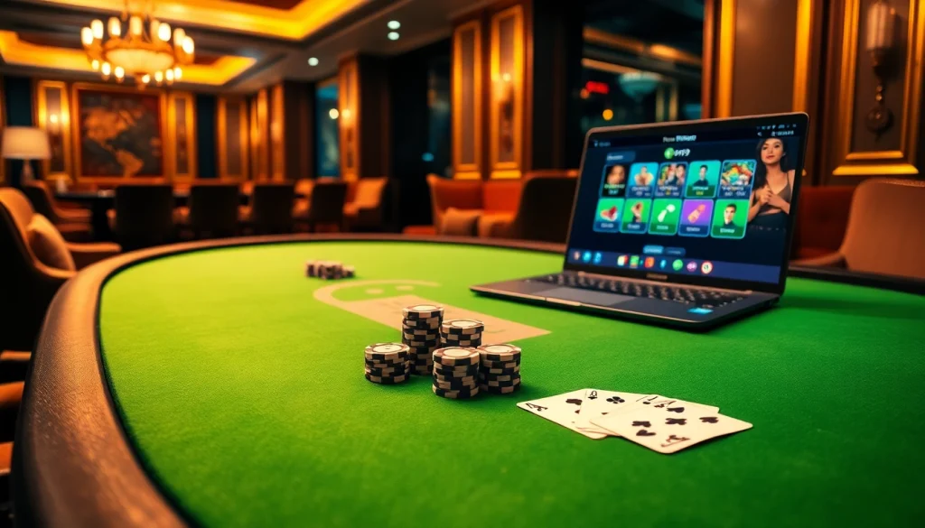 Engaging scene of nhà cái fun79's luxurious online gaming experience with poker chips and cards.