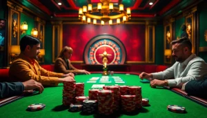 VMAX players enjoying an intense poker game with vibrant chips and a roulette wheel in a luxurious casino setting.