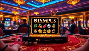 Putar gulungan pada permainan slot Olympus 1000 yang dikelilingi suasana kasino yang meriah.