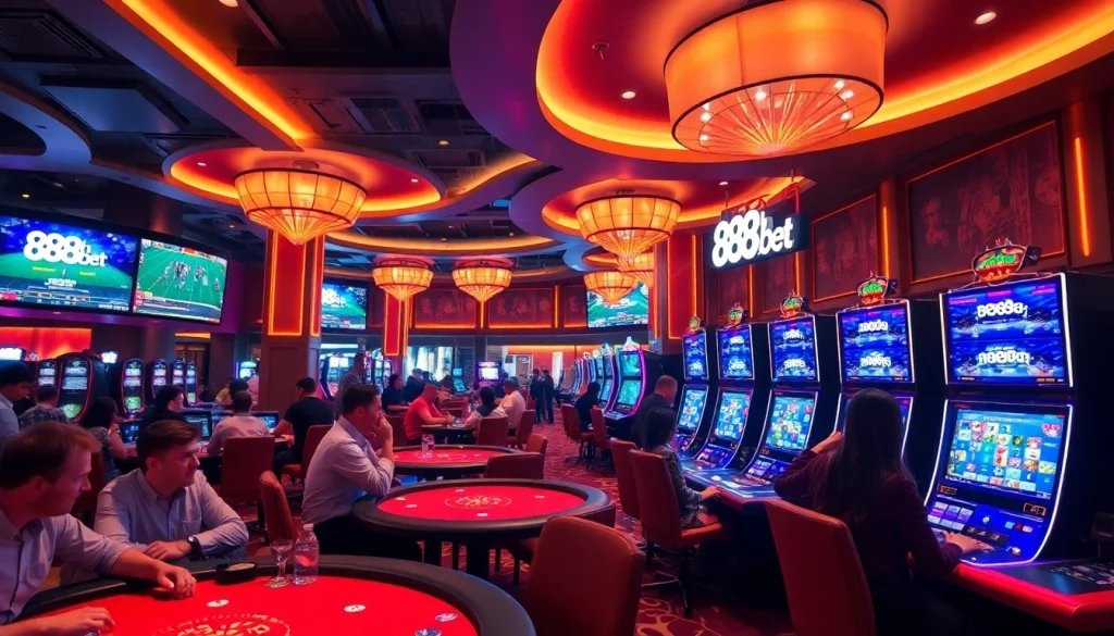 Engaging casino scene illustrating the vibrant gaming experience at 888b.bet with players enjoying poker and slots.