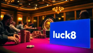 Experience excitement at the luck8 casino table with vibrant chips and a spinning roulette wheel.