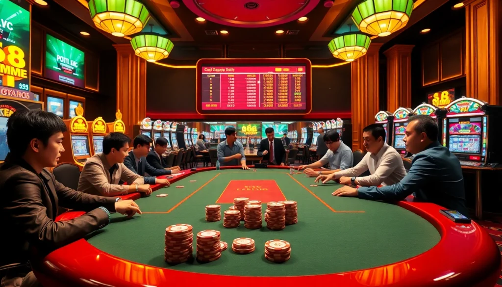 Players engaging in intense gameplay at a luxurious casino table while enjoying 68 game bài.