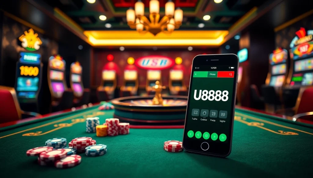 Experience thrilling online gambling with the U888 app on a sophisticated casino table.