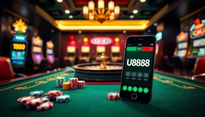 Experience thrilling online gambling with the U888 app on a sophisticated casino table.