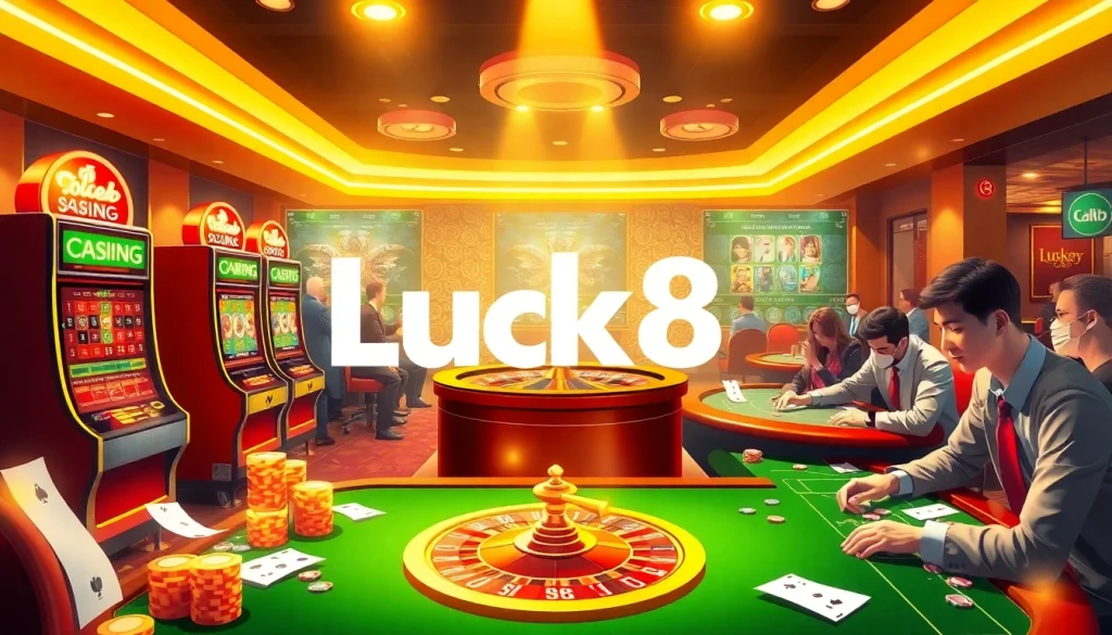 Experience the excitement of online gambling at trang chủ luck8, portrayed with vibrant slot machines and poker action.