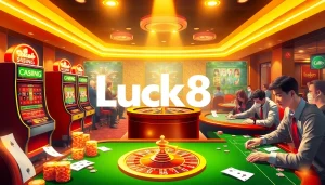 Experience the excitement of online gambling at trang chủ luck8, portrayed with vibrant slot machines and poker action.