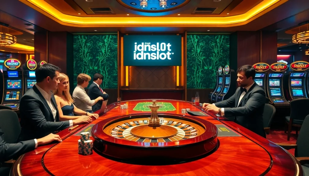 Experience thrilling gameplay with idnslot at a luxurious casino table filled with poker chips and roulette.
