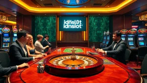 Experience thrilling gameplay with idnslot at a luxurious casino table filled with poker chips and roulette.