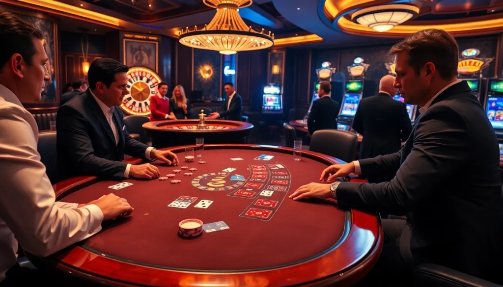 Players enjoying an exciting poker game at a BK8TH casino table with vibrant colors and luxurious atmosphere.