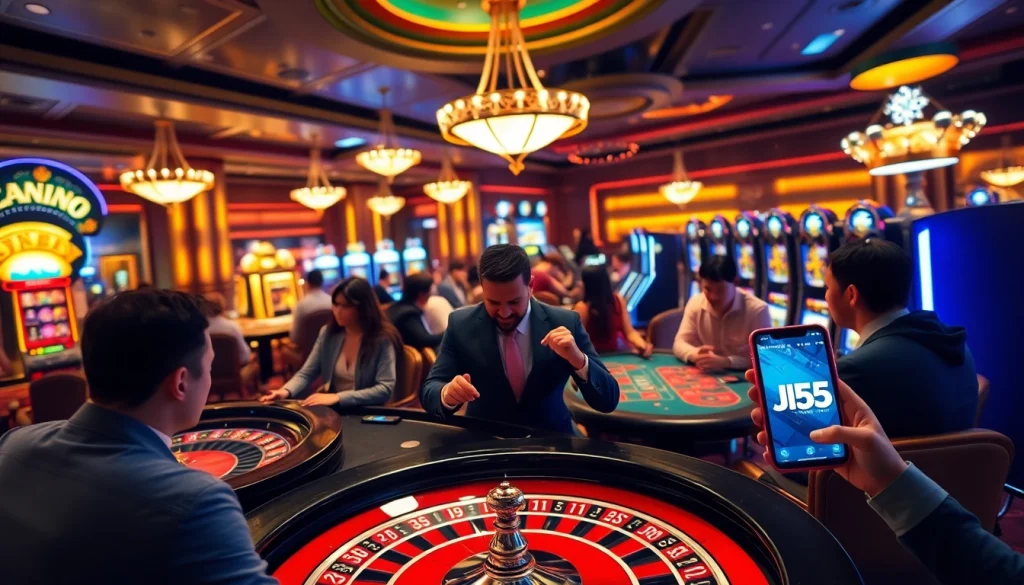 A thrilling casino scene featuring players enjoying games like poker and roulette, with the jl55 app enhancing their experience.