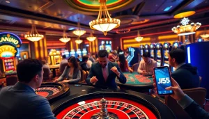 A thrilling casino scene featuring players enjoying games like poker and roulette, with the jl55 app enhancing their experience.