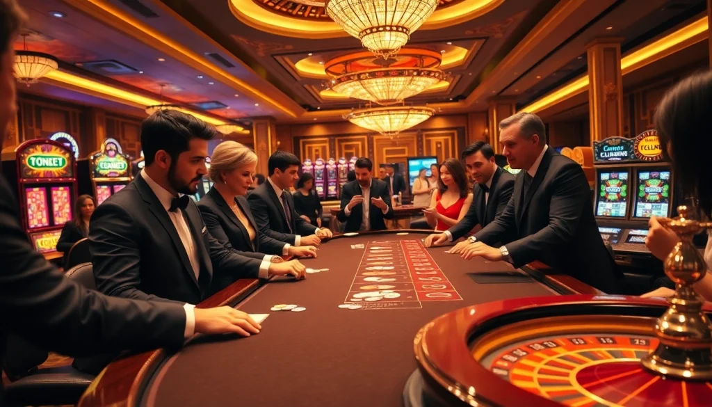 TK88 casino gaming table full of excitement with players and dealers engaged in thrilling games.
