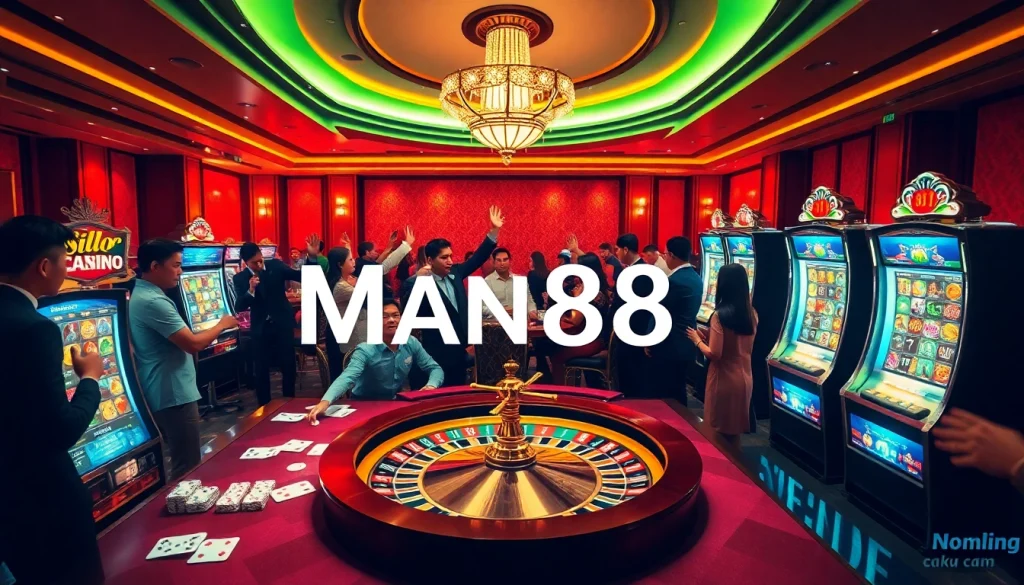 Exciting gambling scene featuring Man88 poker chips and casino tables with players engaged.