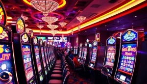 Mendaftar slot deposit 1k dengan mesin slot berwarna cerah dan suasana meriah.