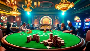 Players engage in thrilling poker action at a GK88 casino table, surrounded by vibrant, luxurious decor.