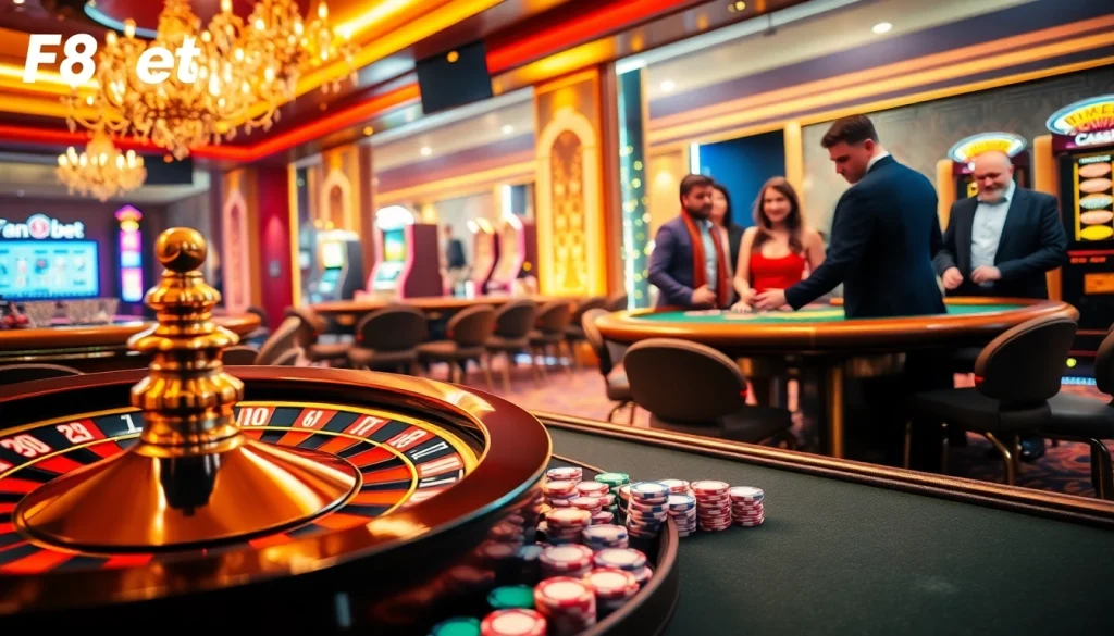 F8bet players enjoying an exciting casino atmosphere with roulette, blackjack, and slot machines.
