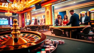 F8bet players enjoying an exciting casino atmosphere with roulette, blackjack, and slot machines.