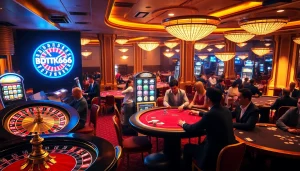 Experience the thrill of BDTK666 at a luxurious casino with roulette wheels and poker tables.