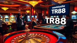 A thrilling scene at a casino featuring the website TR88 on a digital display, with players engaged at roulette and slot machines.
