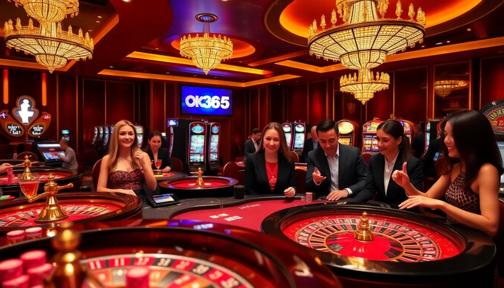 Players experiencing the thrill of gambling at OK365's luxurious casino tables, featuring poker chips and roulette wheels.