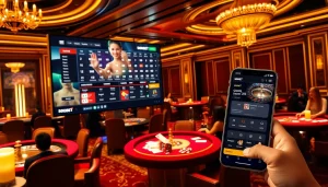 Engaged players placing bets on sbobet's online platform at a luxurious casino.