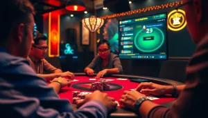 Engaged players in a vibrant online card game at gamebaidoithuong.com.vc, showcasing digital cards, poker chips, and an inviting atmosphere.