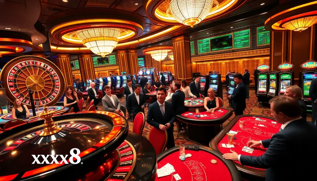 Players enjoying various games at an upscale casino with xx88 branding, showcasing excitement and luxury.
