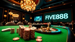 Experience high-stakes gaming with a FIVE88-themed casino scene featuring luxurious decor and exciting action.