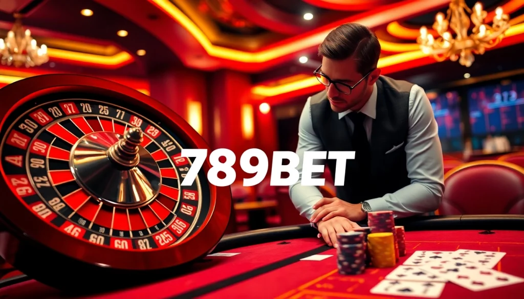 Gambler enjoying high-stakes action at a 789BET casino table with roulette and poker chips.