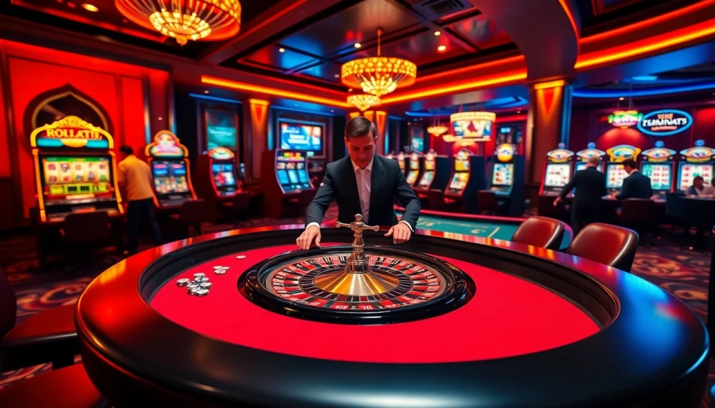 Experience the excitement of https://bong88.casa/ with engaging players at a luxurious roulette table.