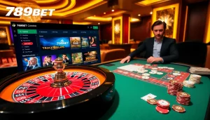 Exciting casino scene showcasing 789BET with a roulette wheel and poker table for online gambling.