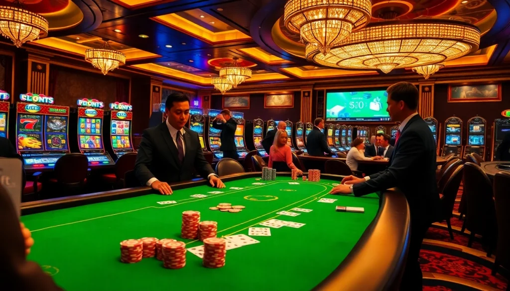 Players engage at the 6FF poker table surrounded by vibrant casino elements and glowing excitement.