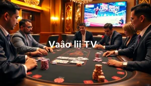 Vào lưới TV showcasing an intense poker game with luxurious chips and cards.