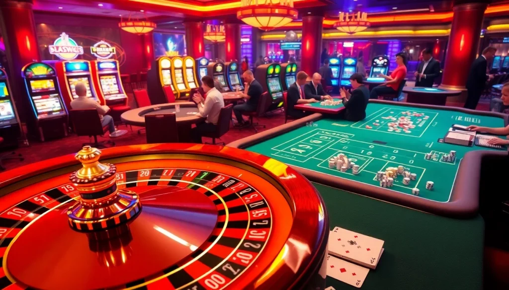 Experience the thrilling atmosphere of hb88.com with a bustling casino scene featuring roulette and poker.