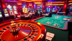 Experience the thrilling atmosphere of hb88.com with a bustling casino scene featuring roulette and poker.