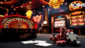 Experience thrilling online gaming with 8qbet's elegant casino atmosphere featuring roulette and slot machines.