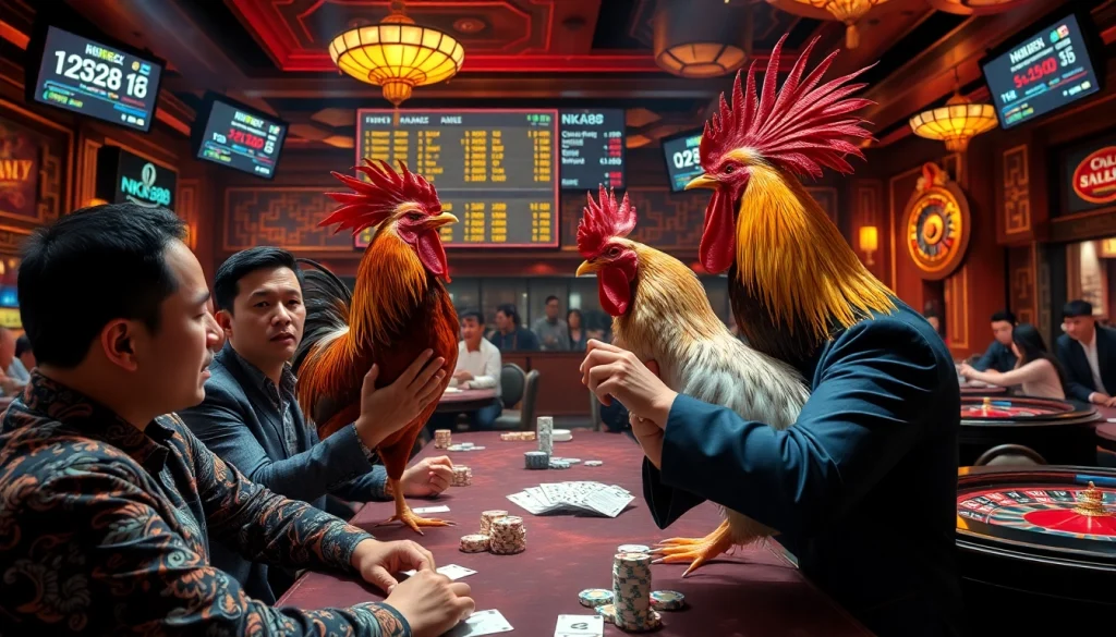 The thrilling excitement at https://nk88s.com/da-ga-nk88/ captures professional gamblers strategizing during a cockfighting match.