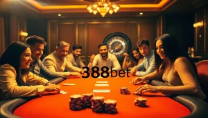 Engage in a thrilling poker game scene highlighting professional players with 388bet branding on cards and chips.